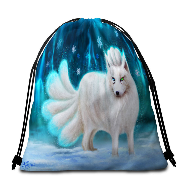 Beautiful White Snow Arctic Fox Beach Towel Bags