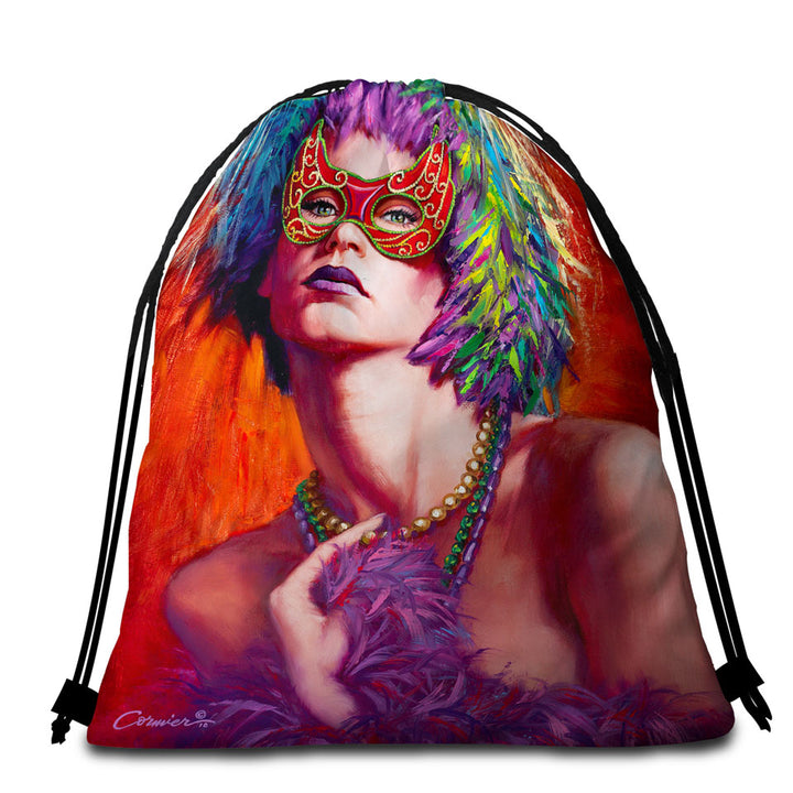 Beautiful Woman Beach Towel Pack Wearing Mask and Feathers