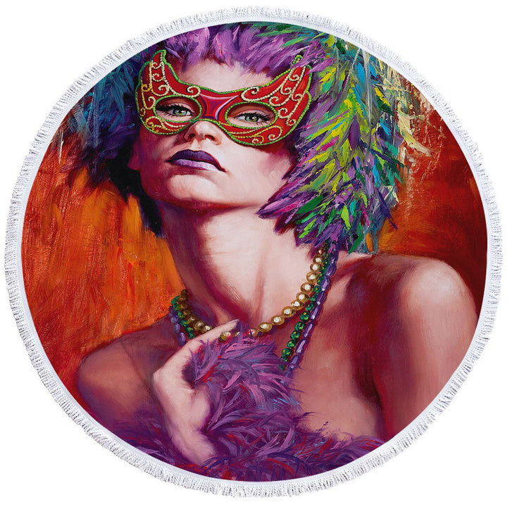 Beautiful Woman Beach Towels Wearing Mask and Feathers