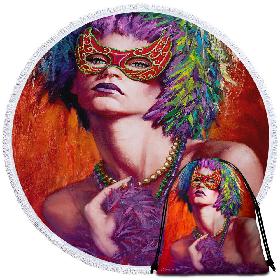 Beautiful Woman Round Beach Towel Wearing Mask and Feathers