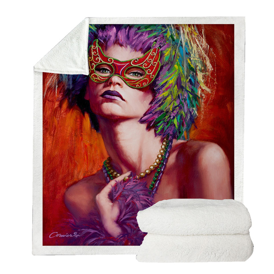 Beautiful Woman Sofa Blankets Wearing Mask and Feathers