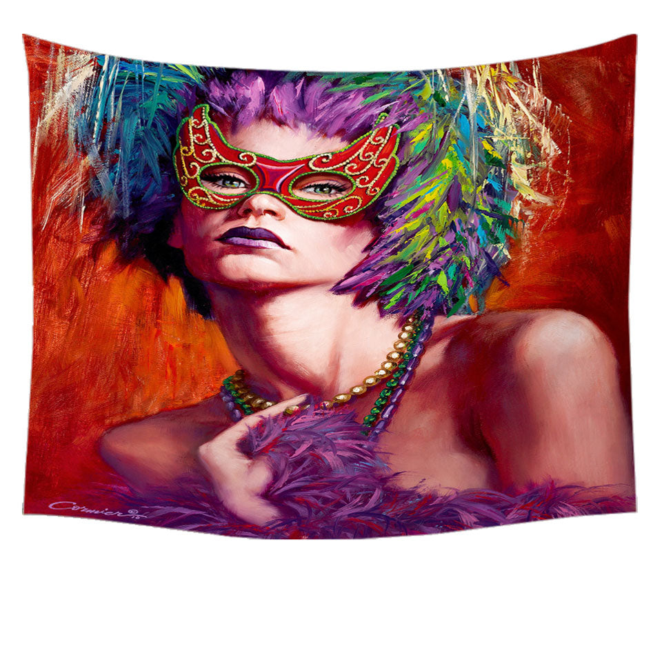 Beautiful Woman Tapestry Wearing Mask and Feathers Wall Decor