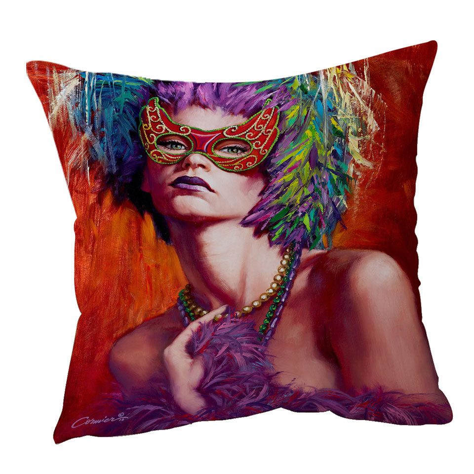 Beautiful Woman Throw Pillows Wearing Mask and Feathers
