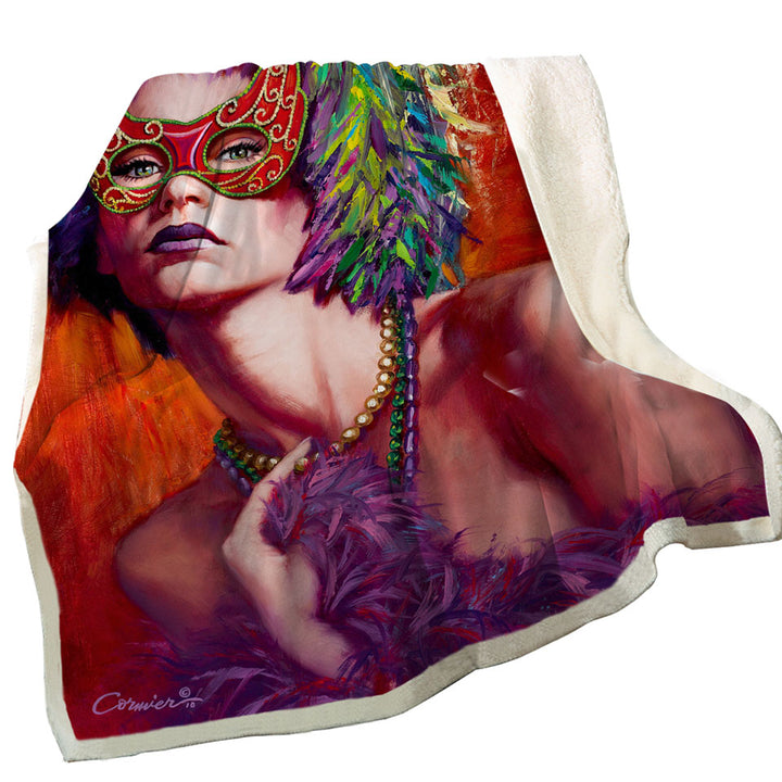 Beautiful Woman Throws Wearing Mask and Feathers