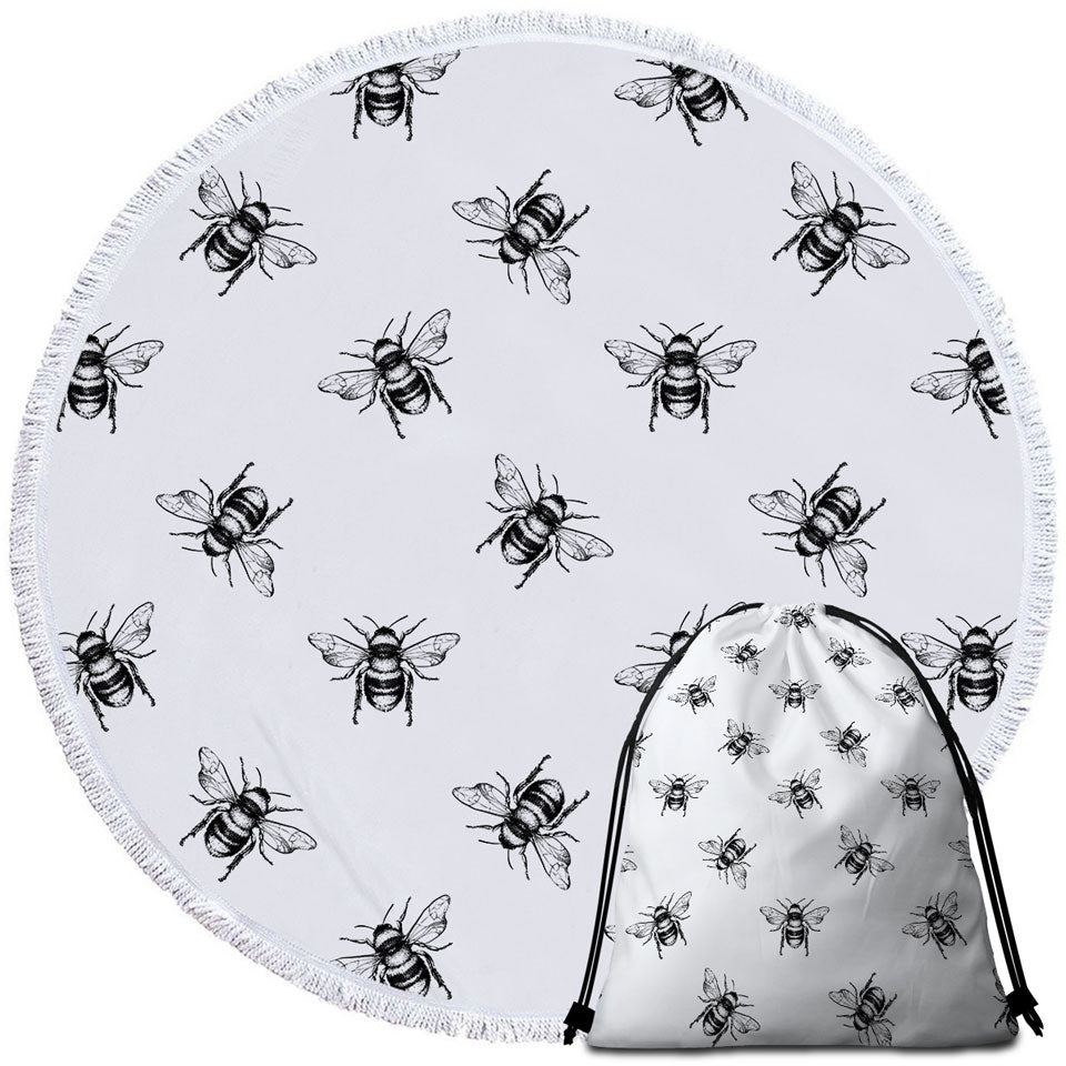 Bee Beach Towels and Bags Set Black and White Bee Pattern