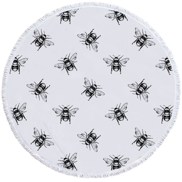 Bee Round Beach Towel Black and White Bee Pattern