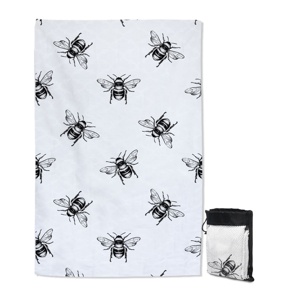 Bee Travel Beach Towel Black and White Bee Pattern