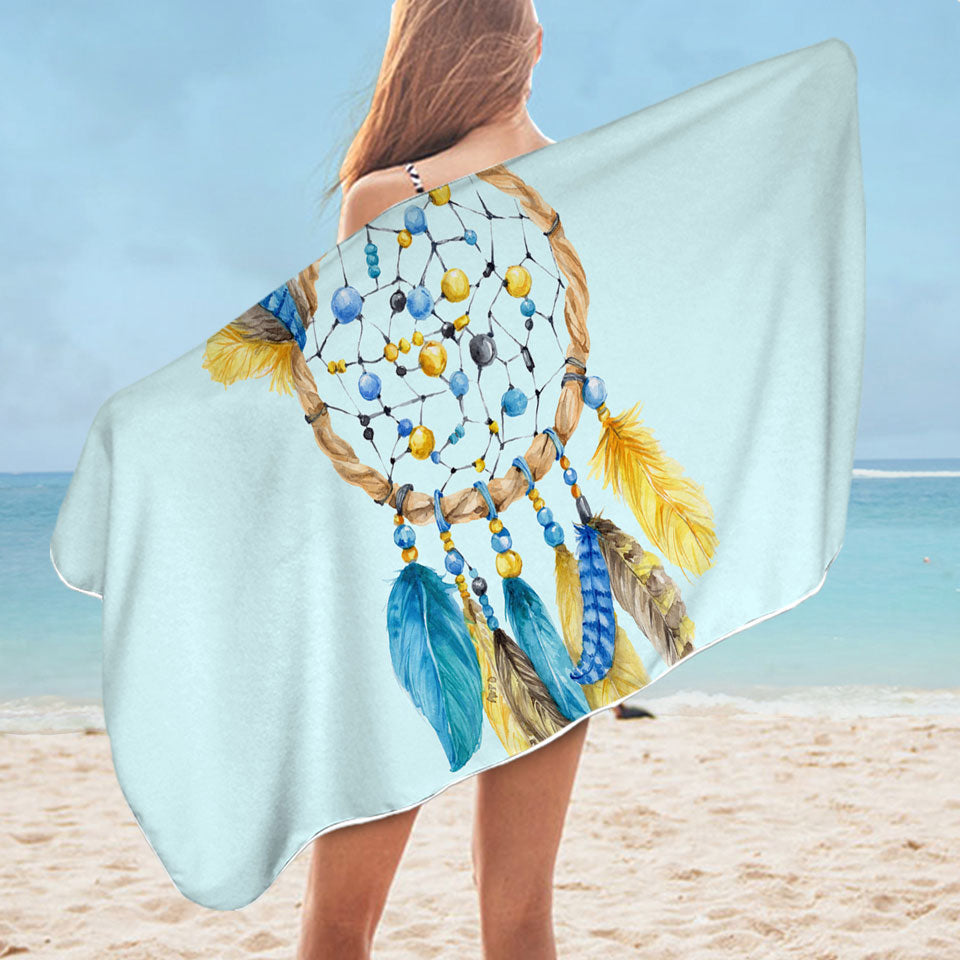 Best Beach Towels Features Blue and Yellow Feathers Dream Catcher