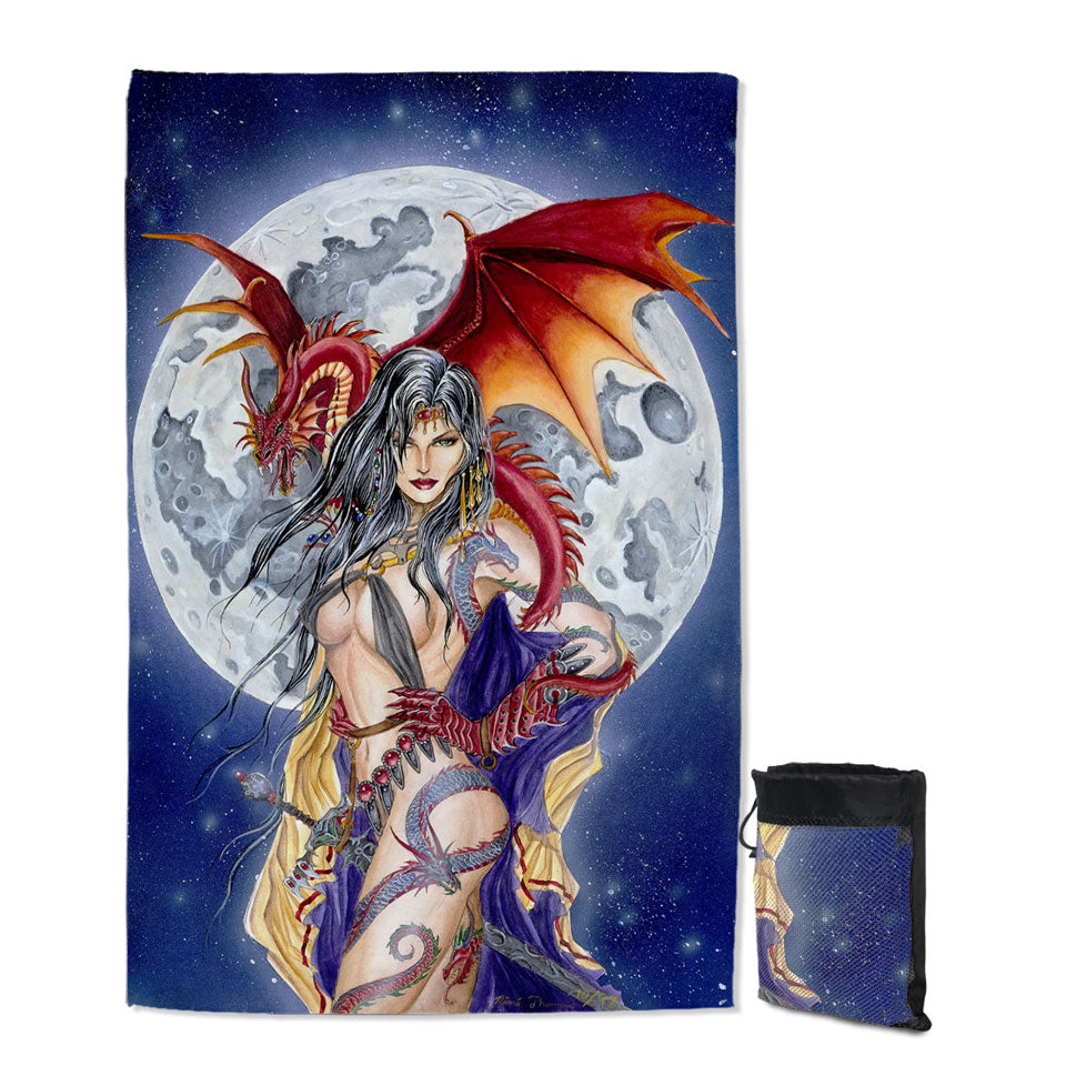 Best Beach Towels for Men Cool Fantasy Art Sexy Warrior Lady and Her Moon Dragon