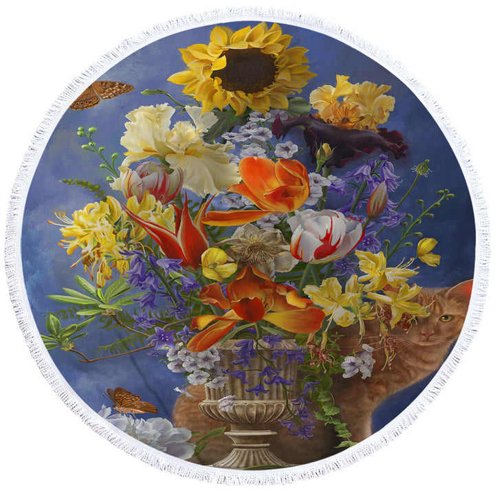 Best Beach Towels with Cats Art Colorful Flower Bouquet and Cat