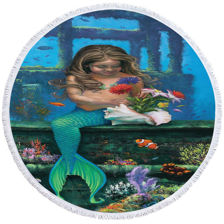 Best Beach Towels with Cute Girl Mermaid and Underwater Flowers