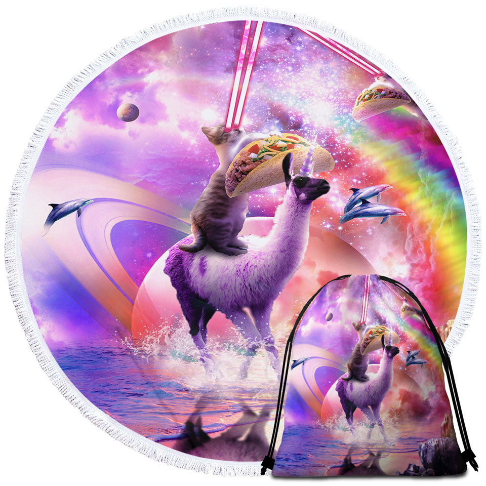 Best Beach Towels with Space Cat on Llama Unicorn Eating Taco Cool Art