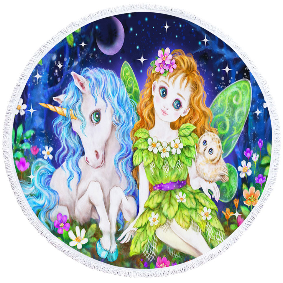 Best Circle Beach Towel for Children Art Design Leaf Fairy and Unicorn