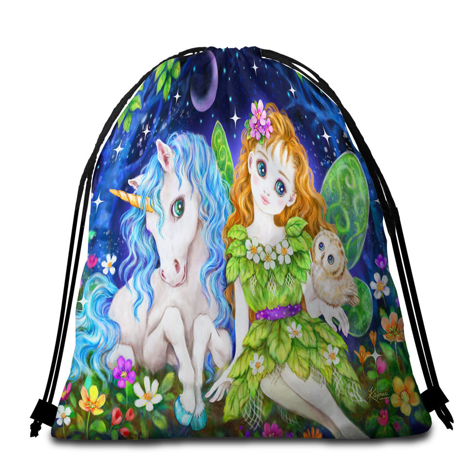 Best Packable Beach Towel of Children Art Design Leaf Fairy and Unicorn