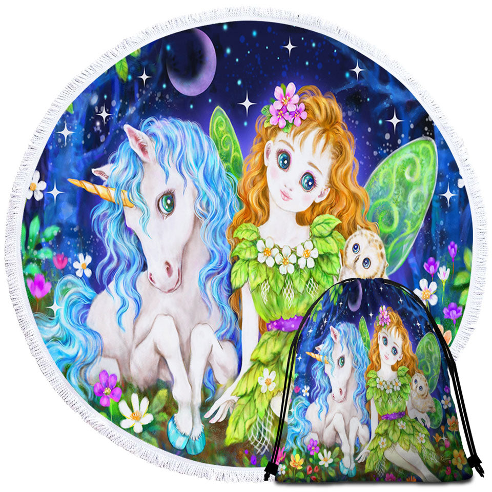 Best Round Beach Towels for Children Art Design Leaf Fairy and Unicorn