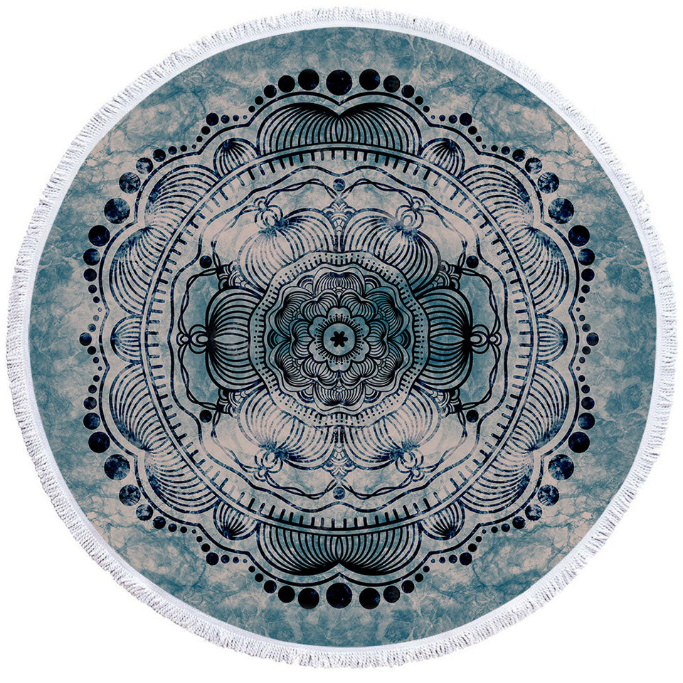 Big Beach Towels with Black Royal Mandala on Dark Blue Rock