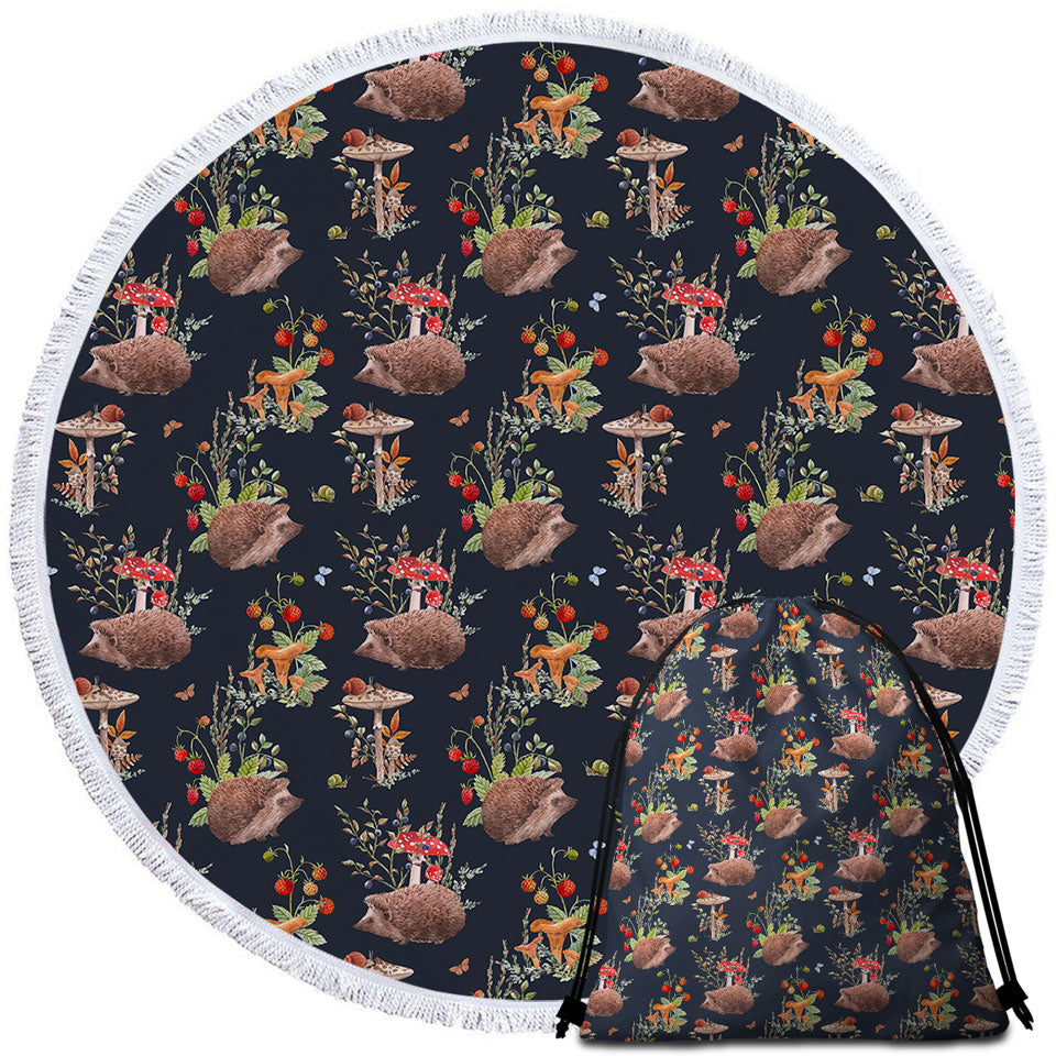 Big Beach Towels with Cute Hedgehog in a Mushroom Garden