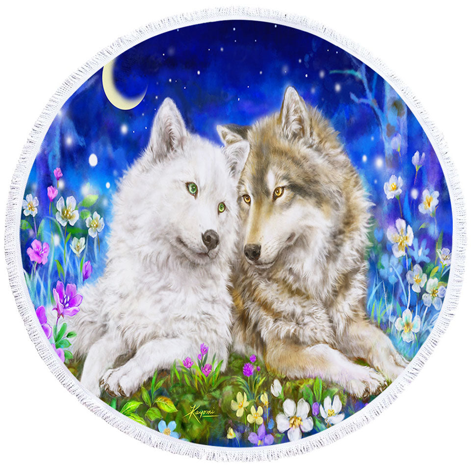 Big Beach Towels with Wolves Art Design Flowers and Love at Night