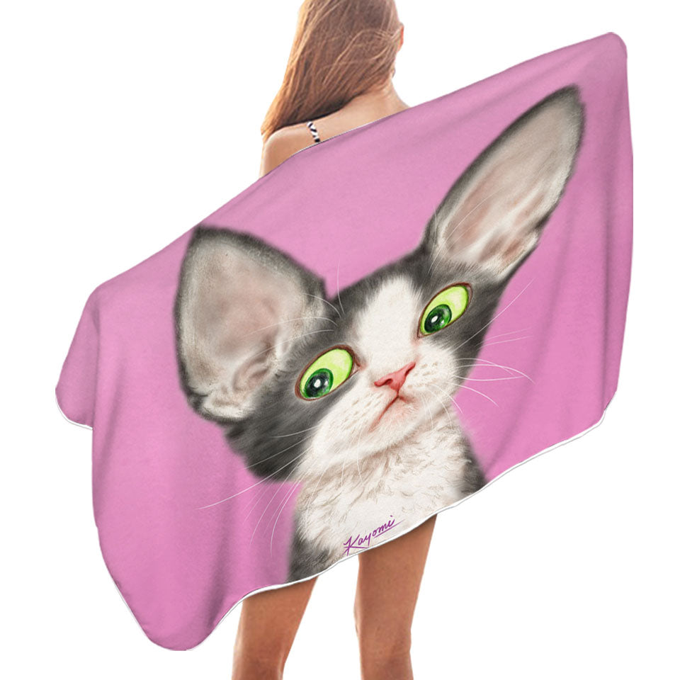 Big Ears Girly Kitty Cat over Pink Microfibre Beach Towels