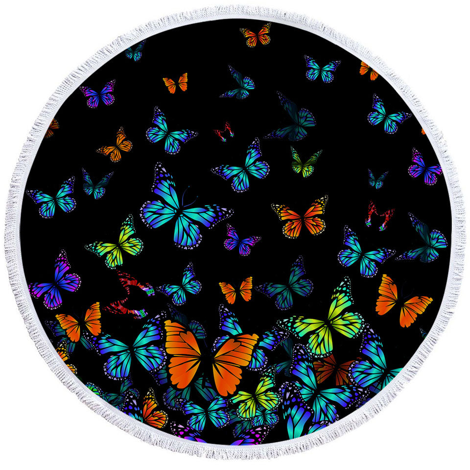 Black Background Beach Towels with Colorful Butterflies