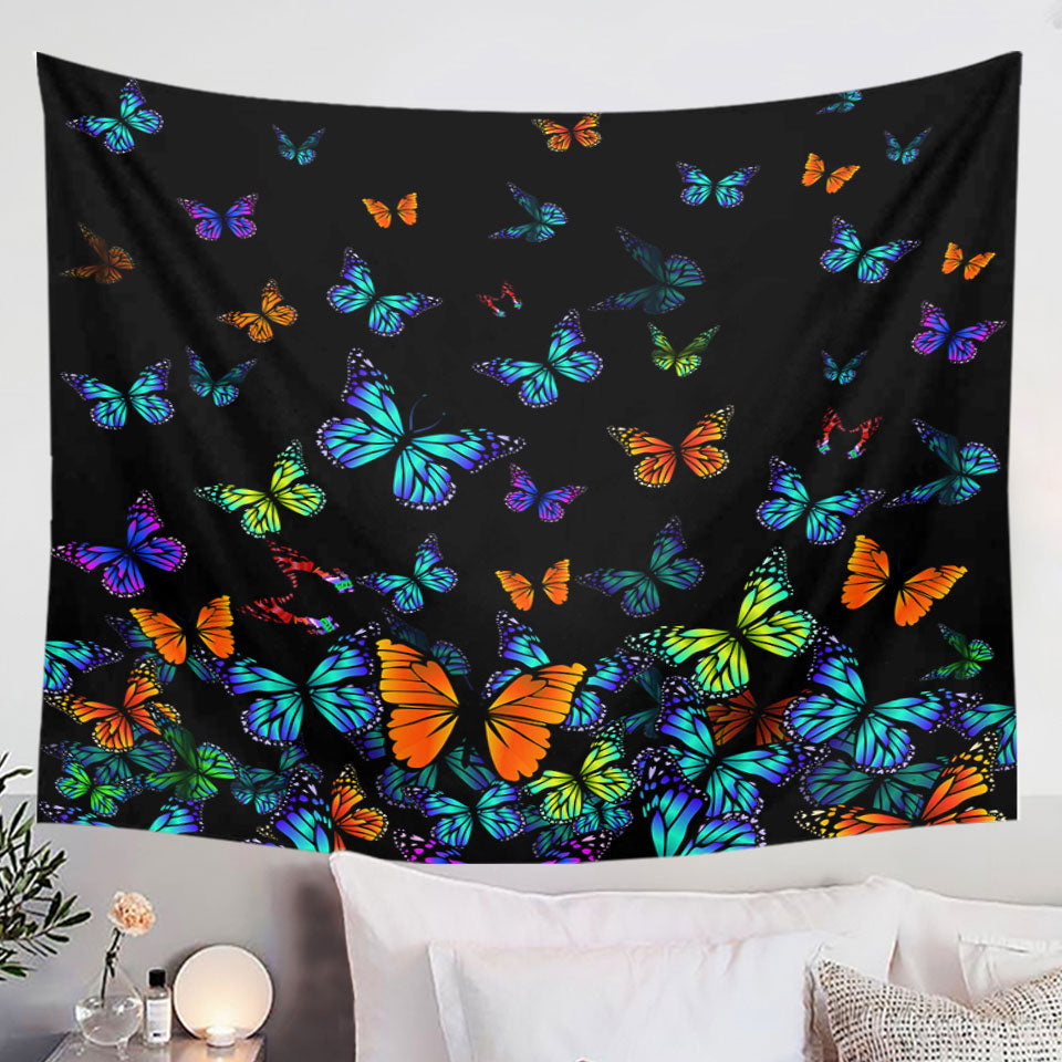 Black Background Colorful Butterflies Home Wall Decor Tapestry