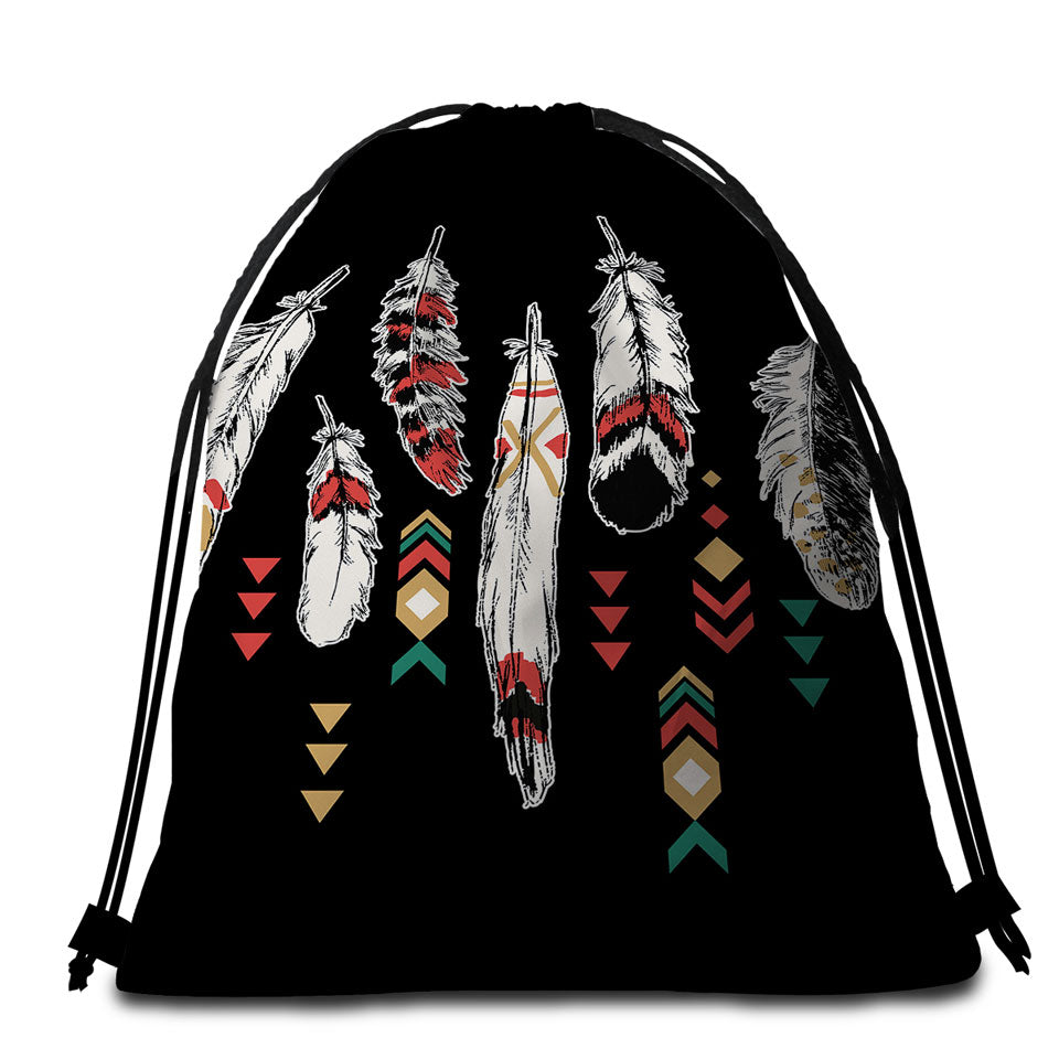 Black Background Feathers Packable Beach Towel