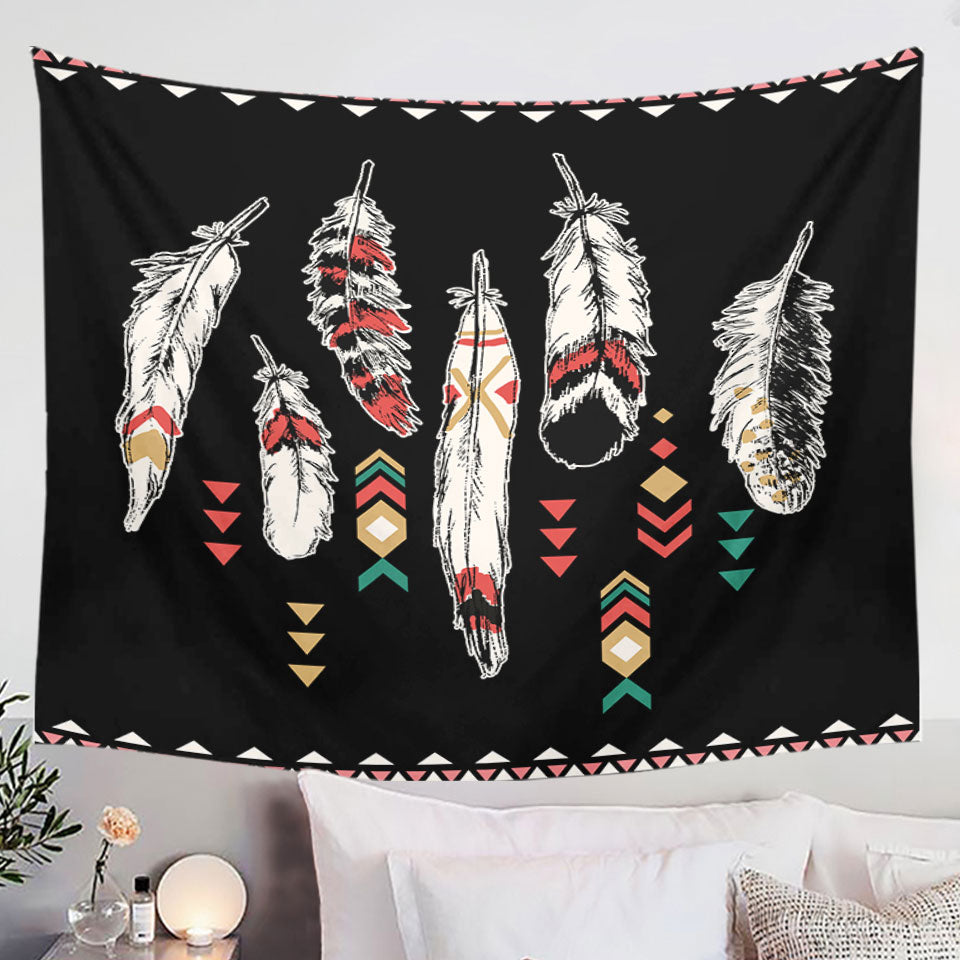 Black Background Feathers Tapestry