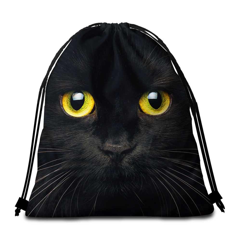 Black Cat with Yellow Eyes Beach Towel Bags