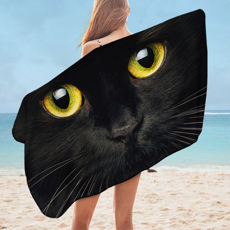 Black Cat with Yellow Eyes Beach Towels