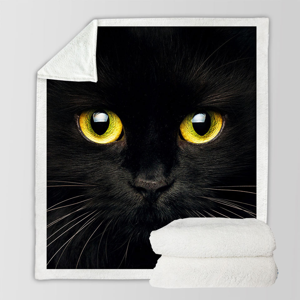 Black Cat with Yellow Eyes Sherpa Blanket