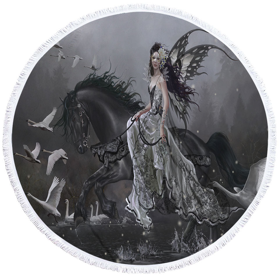 Black Circle Beach Towel Horse Fairy Lamentation of Swans Fantasy Art