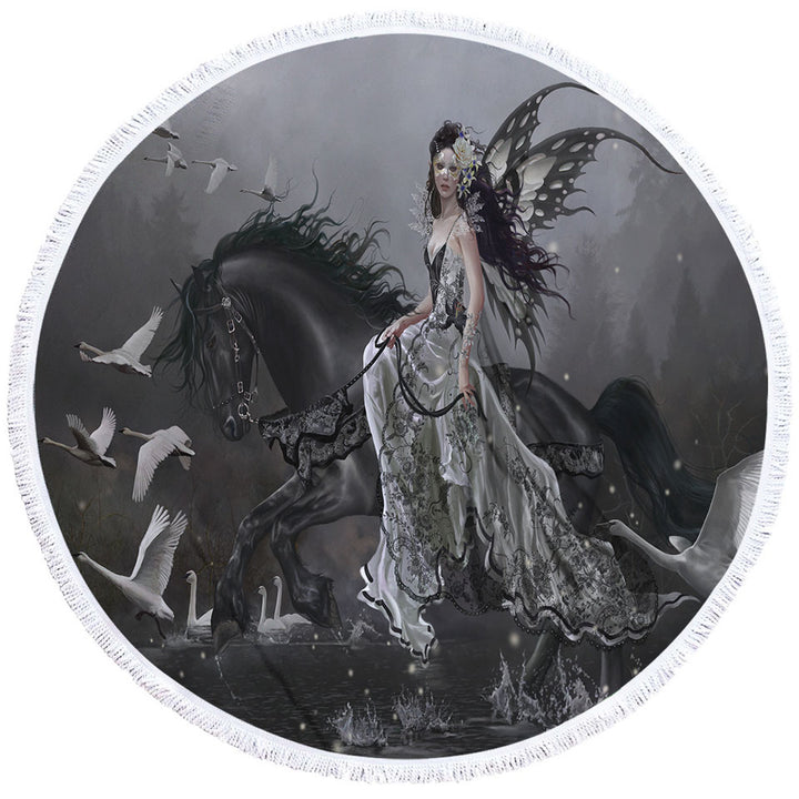Black Circle Beach Towel Horse Fairy Lamentation of Swans Fantasy Art