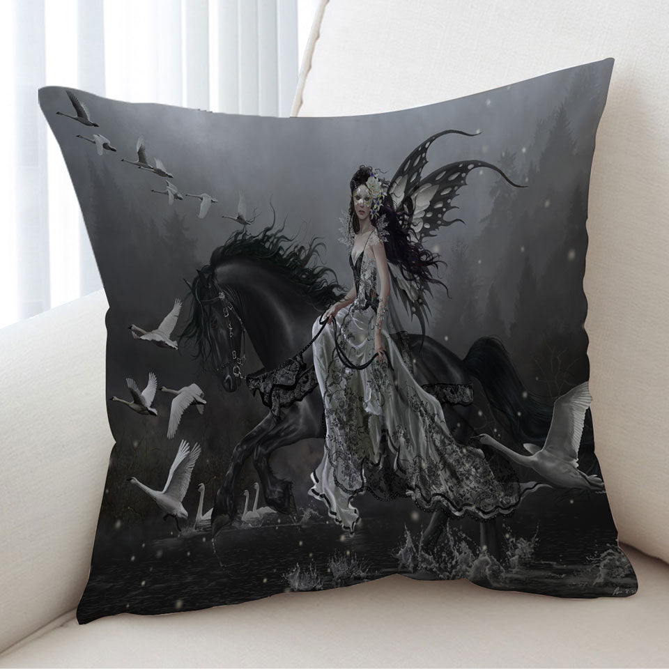 Black Cushion Covers Horse Fairy Lamentation of Swans Fantasy Art