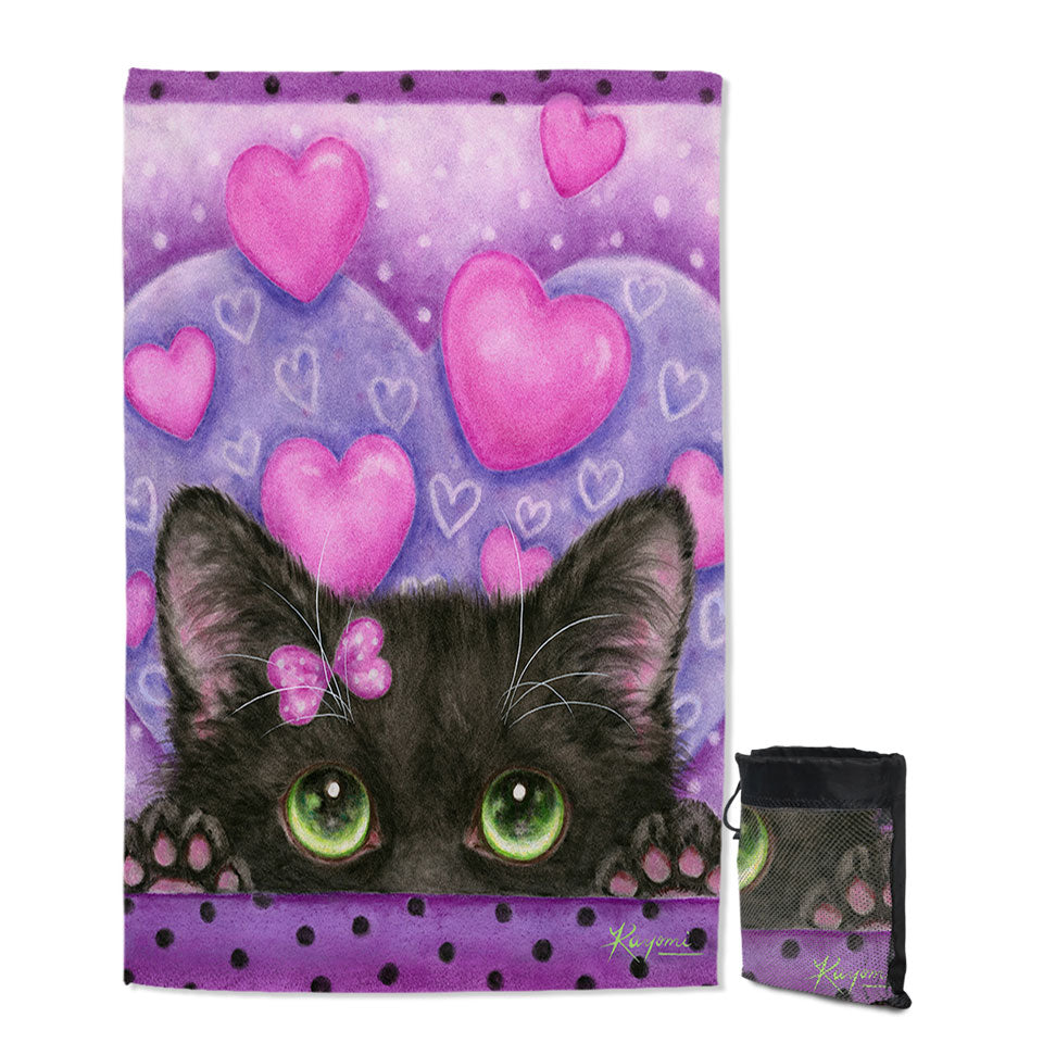 Black Kitten Cat in Love Hearts on Purple Beach Towels