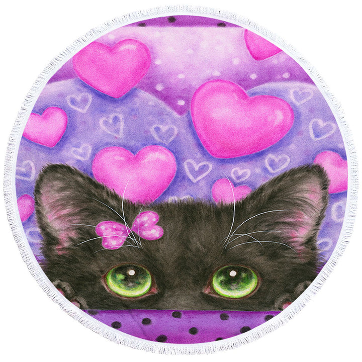 Black Kitten Cat in Love Hearts on Purple Circle Beach Towel
