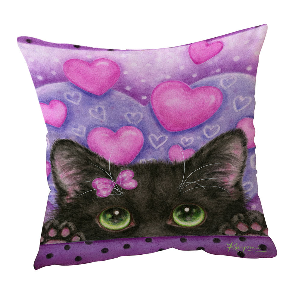 Black Kitten Cat in Love Hearts on Purple Cushions and Throw Pillows