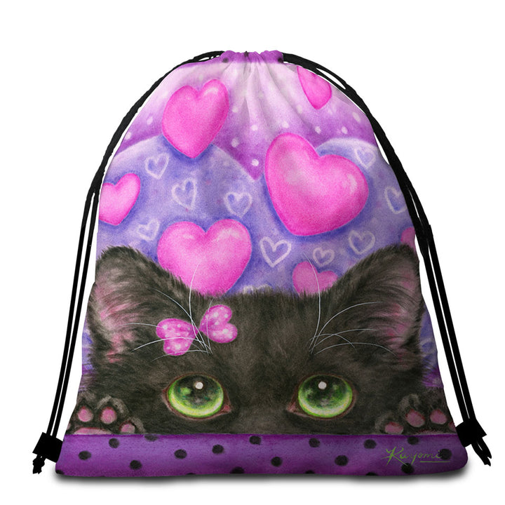 Black Kitten Cat in Love Hearts on Purple Packable Beach Towel