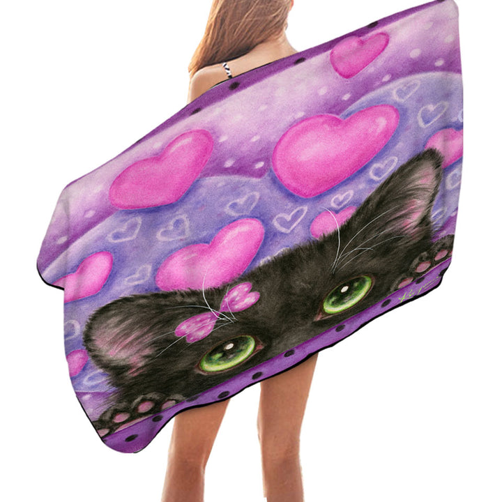 Black Kitten Cat in Love Hearts on Purple Pool Towels