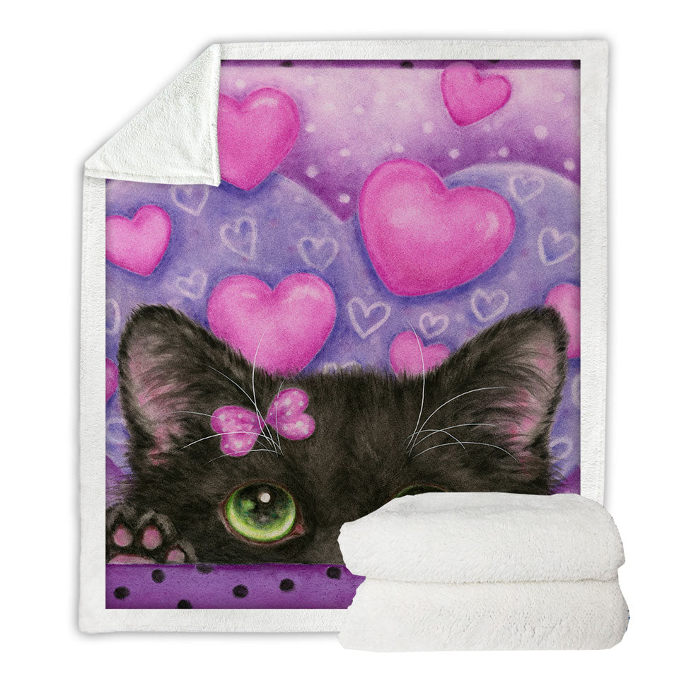 Black Kitten Cat in Love Hearts on Purple Sherpa Blanket