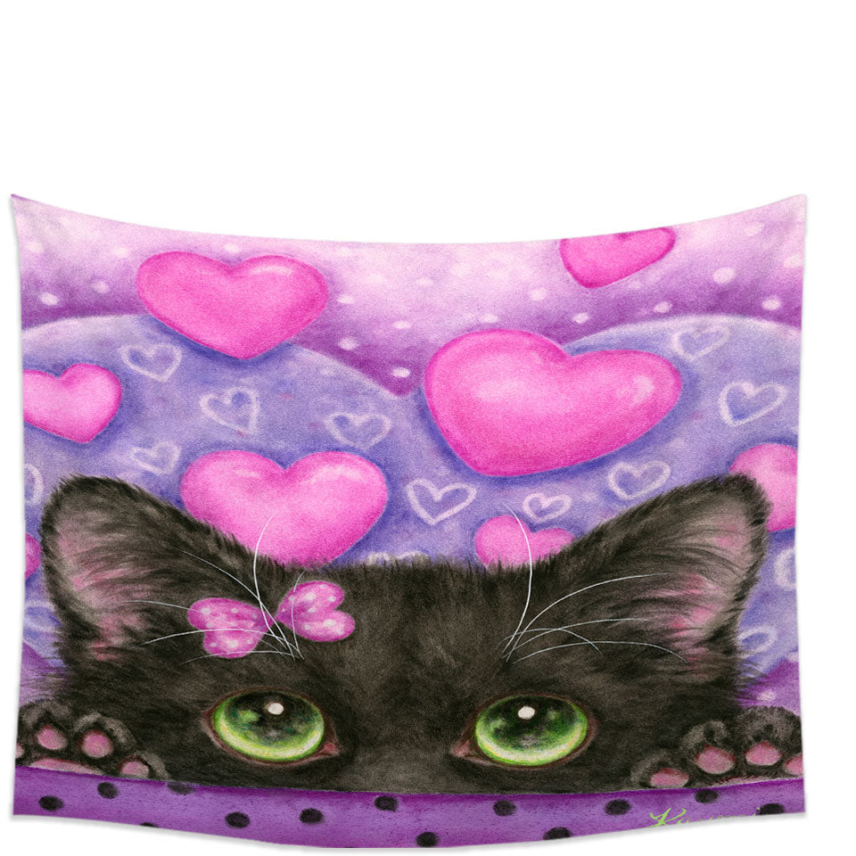 Black Kitten Cat in Love Hearts on Purple Tapestry