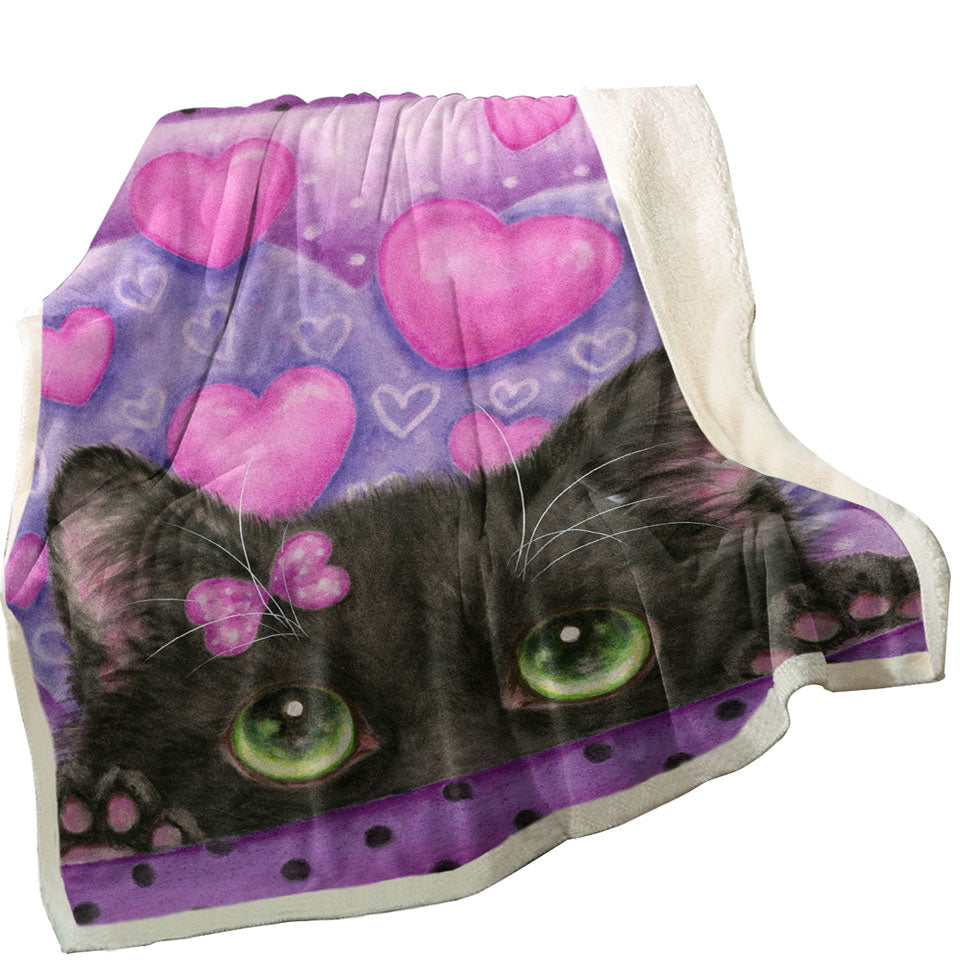 Black Kitten Cat in Love Hearts on Purple Throw Blanket