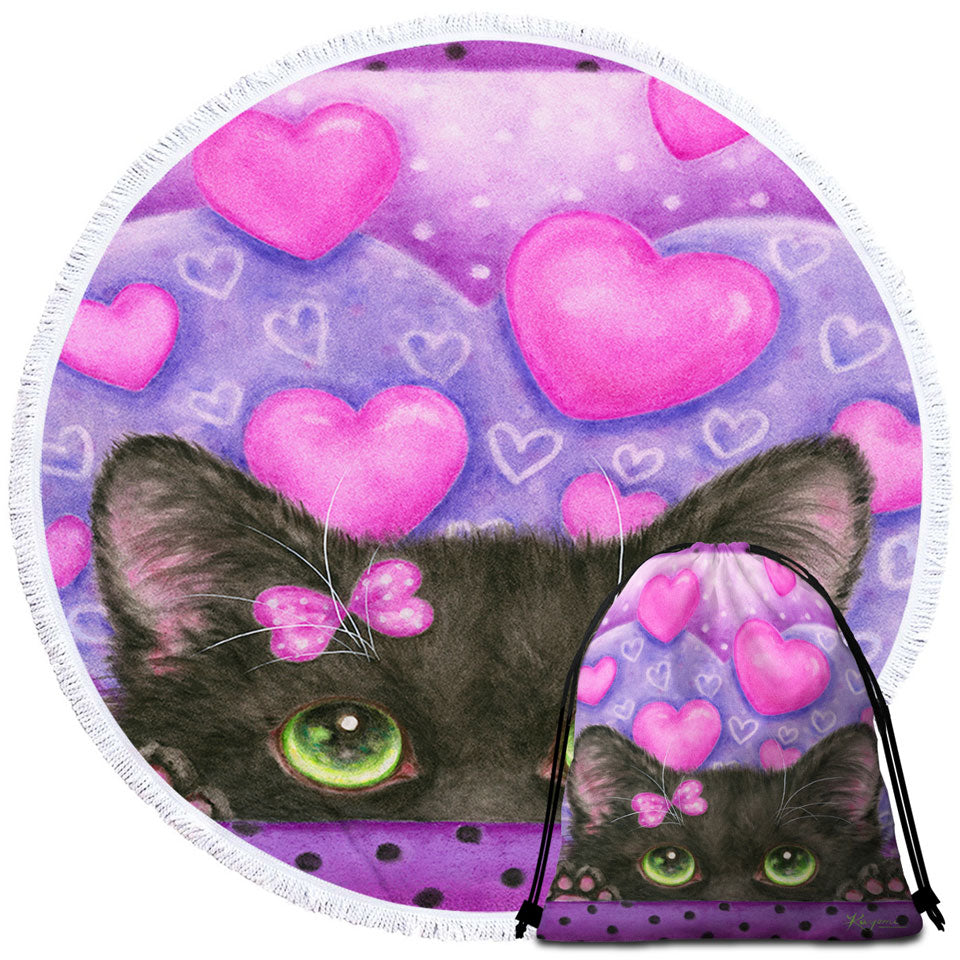 Black Kitten Cat in Love Hearts on Purple Unique Beach Towels