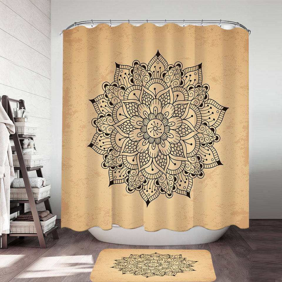 Black Mandala Shower Curtain over Light Tan