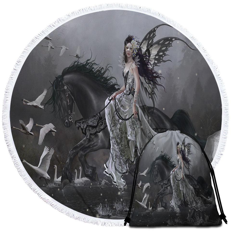Black Round Beach Towel Horse Fairy Lamentation of Swans Fantasy Art