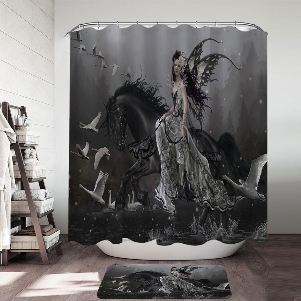 Black Shower Curtain Horse Fairy Lamentation of Swans Fantasy Art