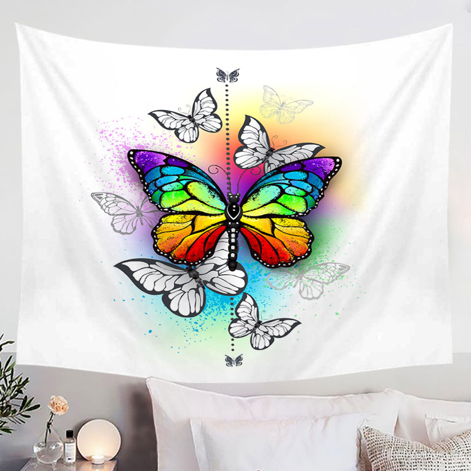 Black White and Rainbow Butterflies Wall Decor Tapestry