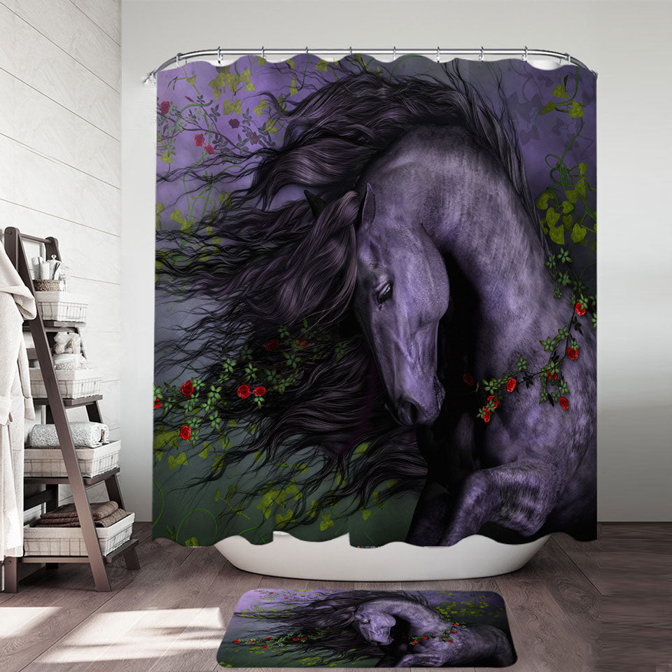 Black Wild Horse the Wild Rose Shower Curtain