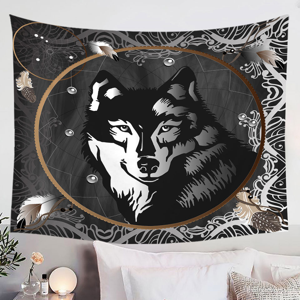 Black and Wall Art Tapestry with White Wolf Portrait