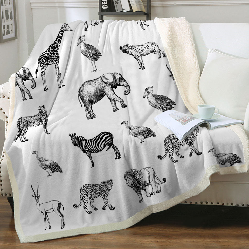 Black and White African Blankets with Wildlife Animals