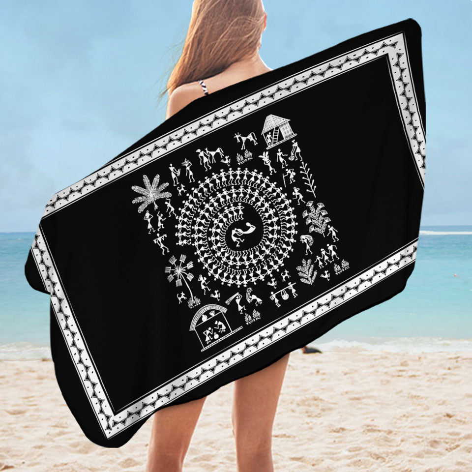 Black and White African Microfiber Beach Towel Tribe Story